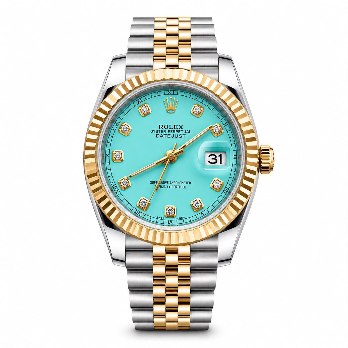 Rolex Oyster Perpetual Datejust Turquoise | Classic Two-Tone Luxury Watch – Turquoise Diamond Dial & Fluted Bezel - Wristlines Main image