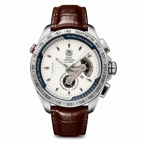 Tag Heuer | Silver Dial Chronograph Watch with Premium Brown Leather Strap - Wristlines