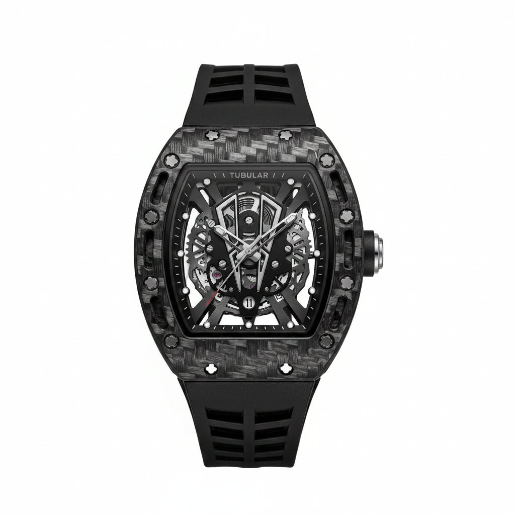Tubular | Carbon Fiber Skeleton Watch – Tonneau Case & Rubber Strap - Wristlines Main image