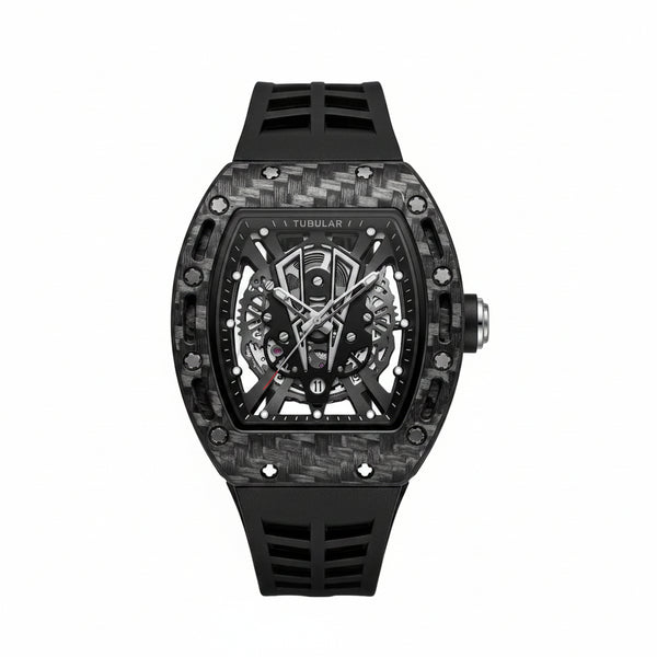 Tubular | Carbon Fiber Skeleton Watch – Tonneau Case & Rubber Strap - Wristlines