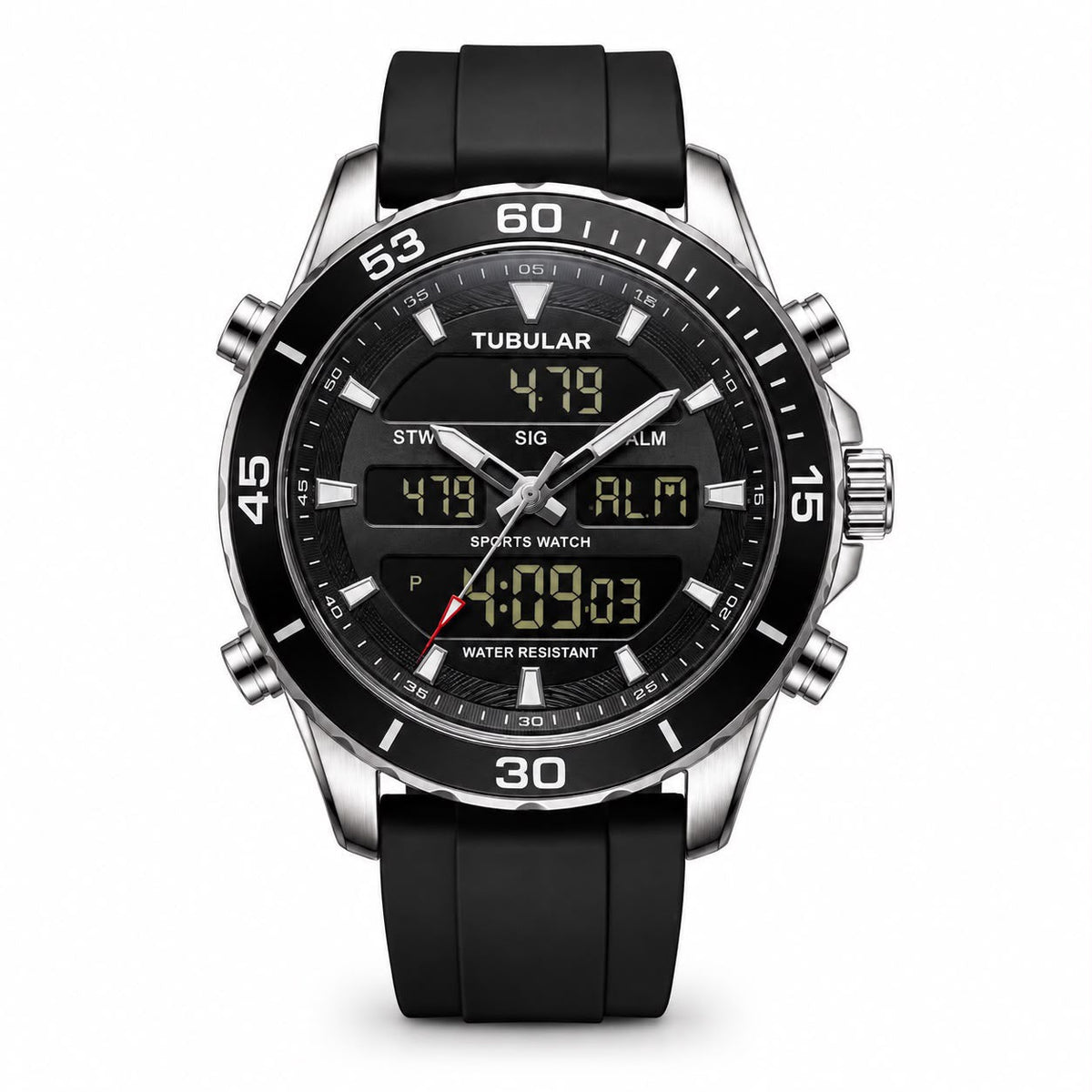 Tubular | Dual-Display Sports Watch – Black Rubber Strap - Wristlines