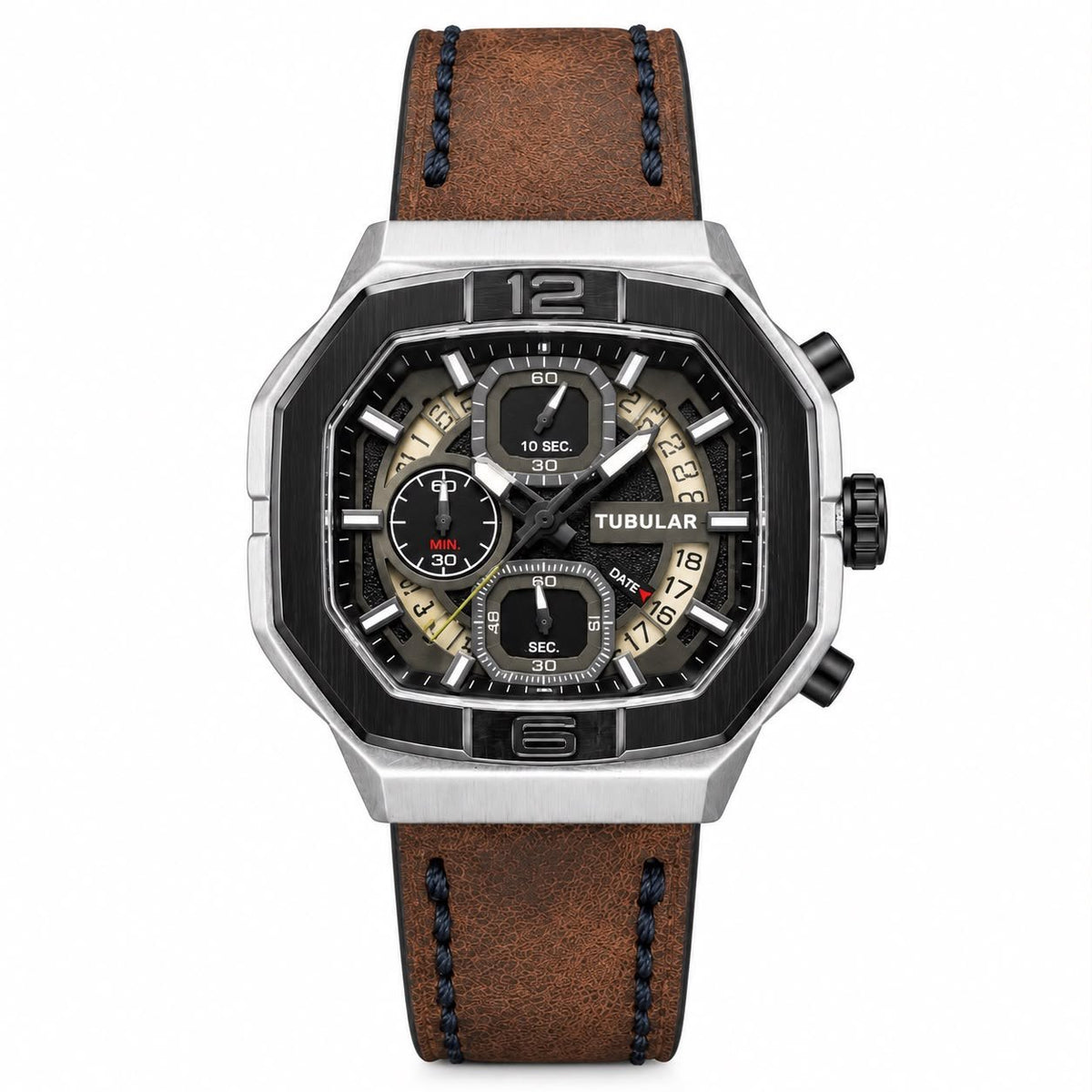 Tubular | Octagonal Chronograph Watch – Silver/Black Case & Brown Leather Strap - Wristlines