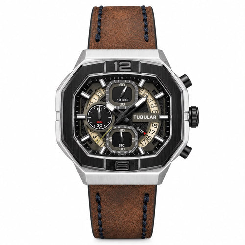 Tubular | Octagonal Chronograph Watch – Silver/Black Case & Brown Leather Strap - Wristlines